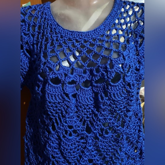 Crocheted Handmade Cotton Thread Pullover Top for Woman - Blue, Large Size - Picture 5 of 8